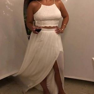 White crop top maxi skirt set